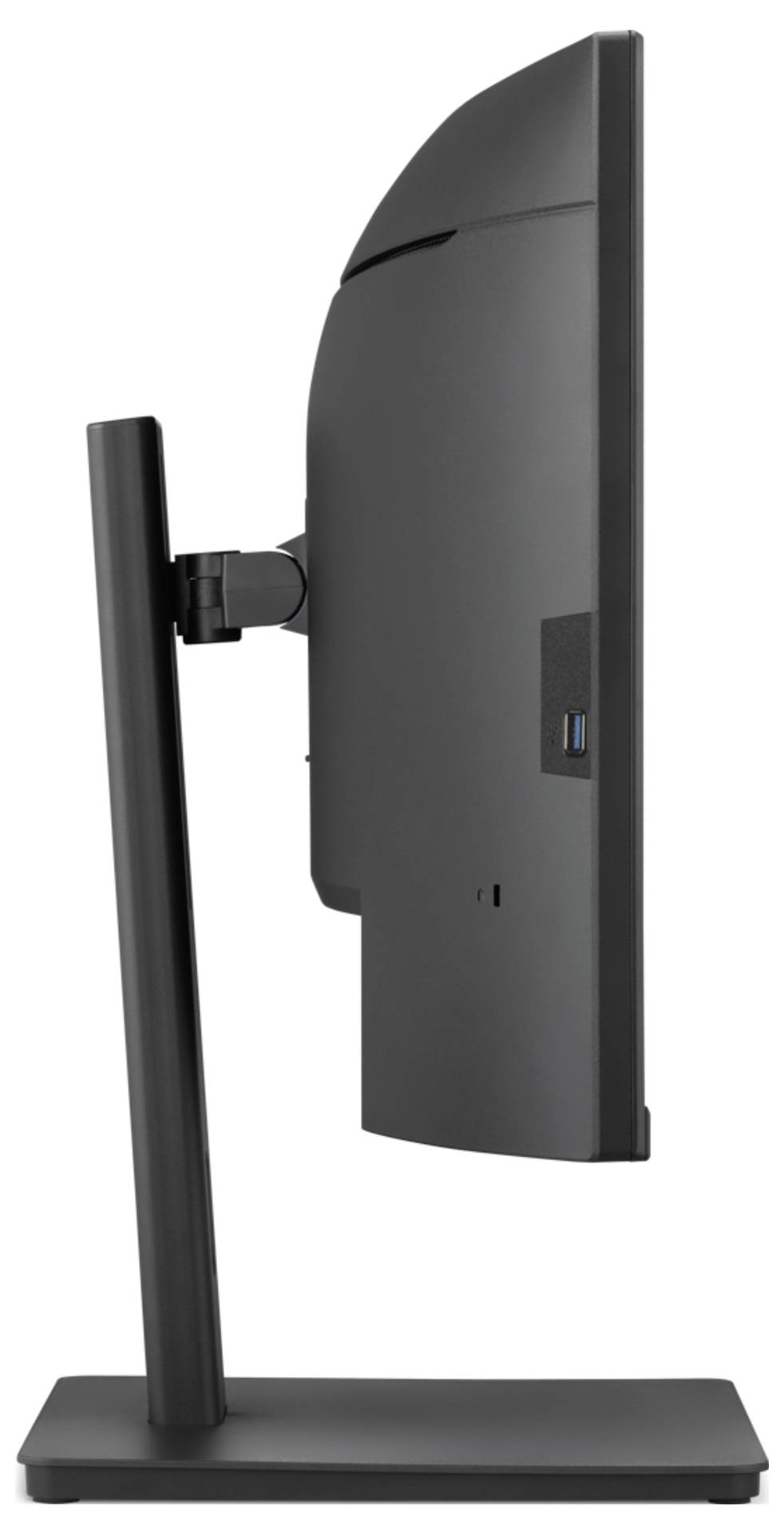 Seitenansicht eines schwarzen Computermonitors, der auf einem vertikalen Ständer mit rechteckiger Basis montiert ist.