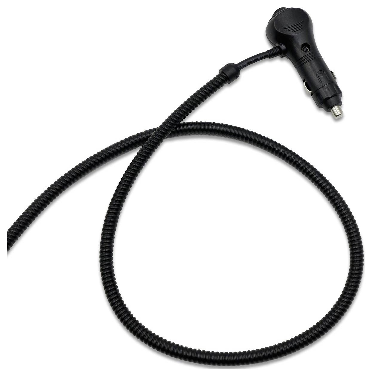 Schwarzes aufgerolltes Autoladerätzchen mit Zigarettenanzünder-Stecker und kleinem Gleichstromstecker auf weißem Hintergrund.