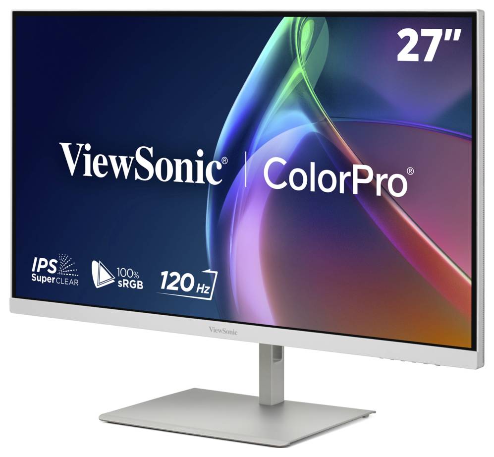 ViewSonic ColorPro 27-Zoll-Monitor auf einem Ständer gezeigt, mit IPS SuperClear, 100% sRGB und 120 Hz Etiketten.