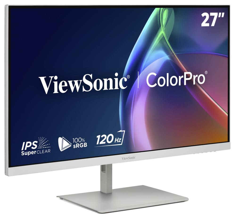 ViewSonic ColorPro 27-Zoll-Monitor auf einem Ständer mit IPS SuperClear, 100% sRGB und 120-Hz-Funktionen, die auf dem Bildschirm angezeigt werden.