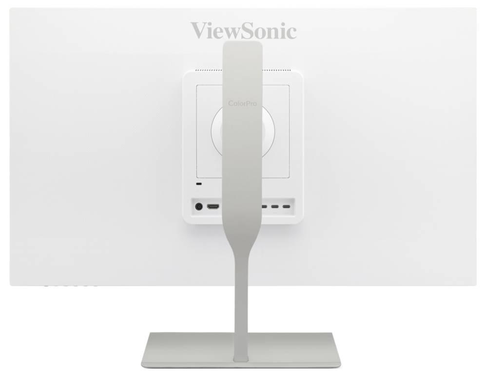 Rückansicht eines ViewSonic ColorPro-Monitors auf einem Ständer, der die zentrale Halterung, die Rückseite und die hinteren Anschlüsse zeigt.