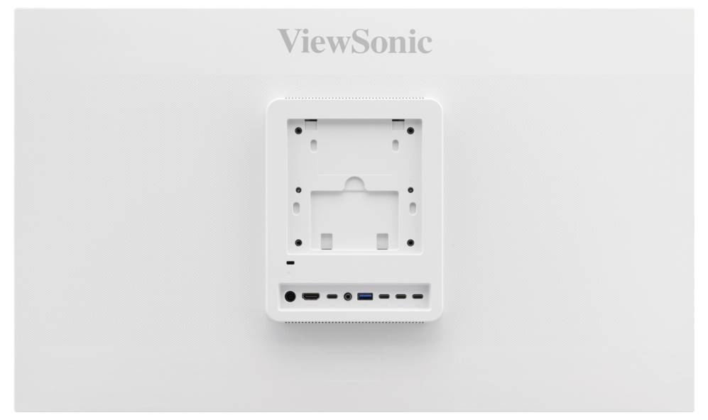 ViewSonic an der Wand montiertes Gerät mit Rückseite, VESA-Montagelöchern und einer Reihe von Anschlüssen am unteren Ende.
