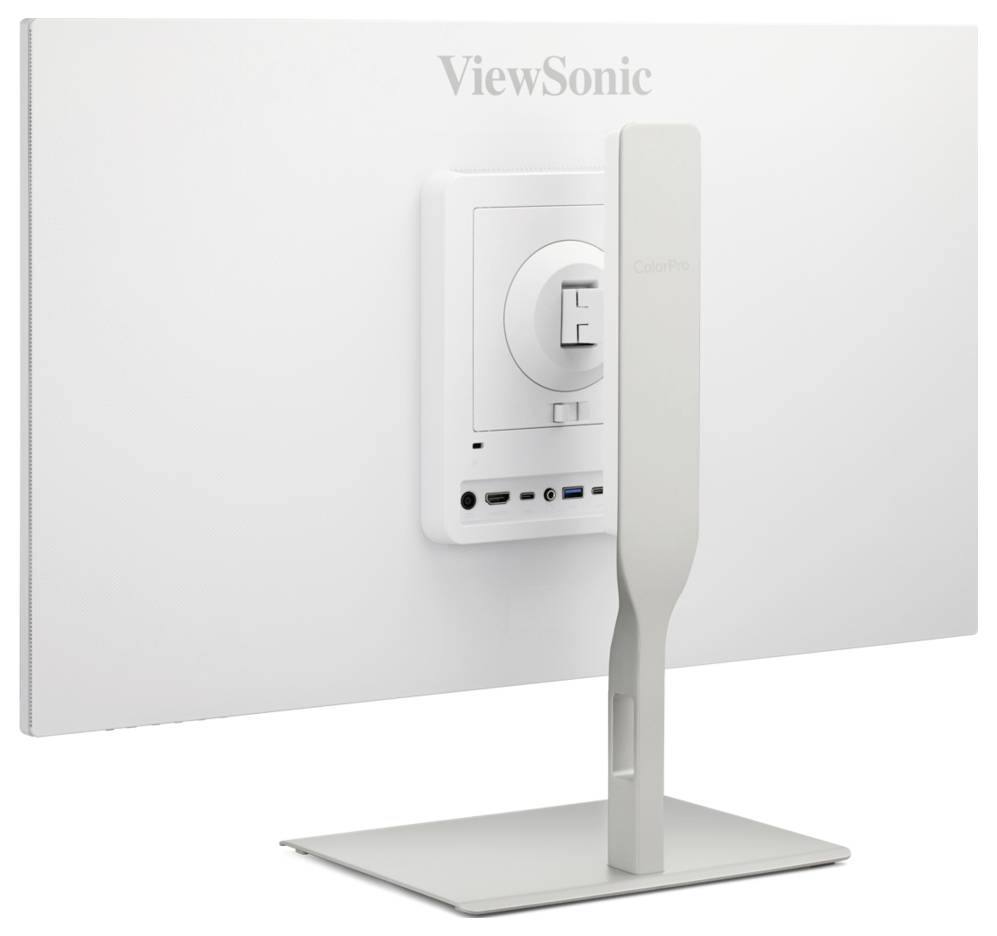 Rückansicht eines ViewSonic-Computermonitors mit Ständer, zentraler Halterung und integrierten Anschlüssen/Reglern auf der Rückseite.