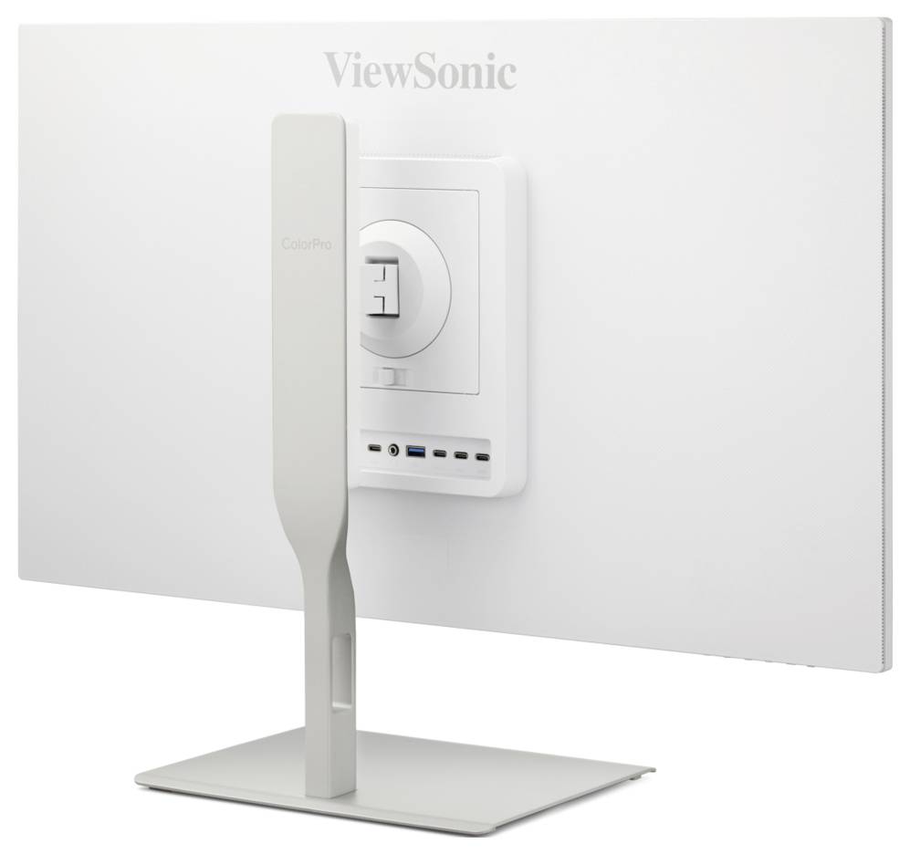 Rückansicht eines ViewSonic ColorPro-Monitors mit dem Ständer und den Anschlüssen auf einer weißen Rückseite.