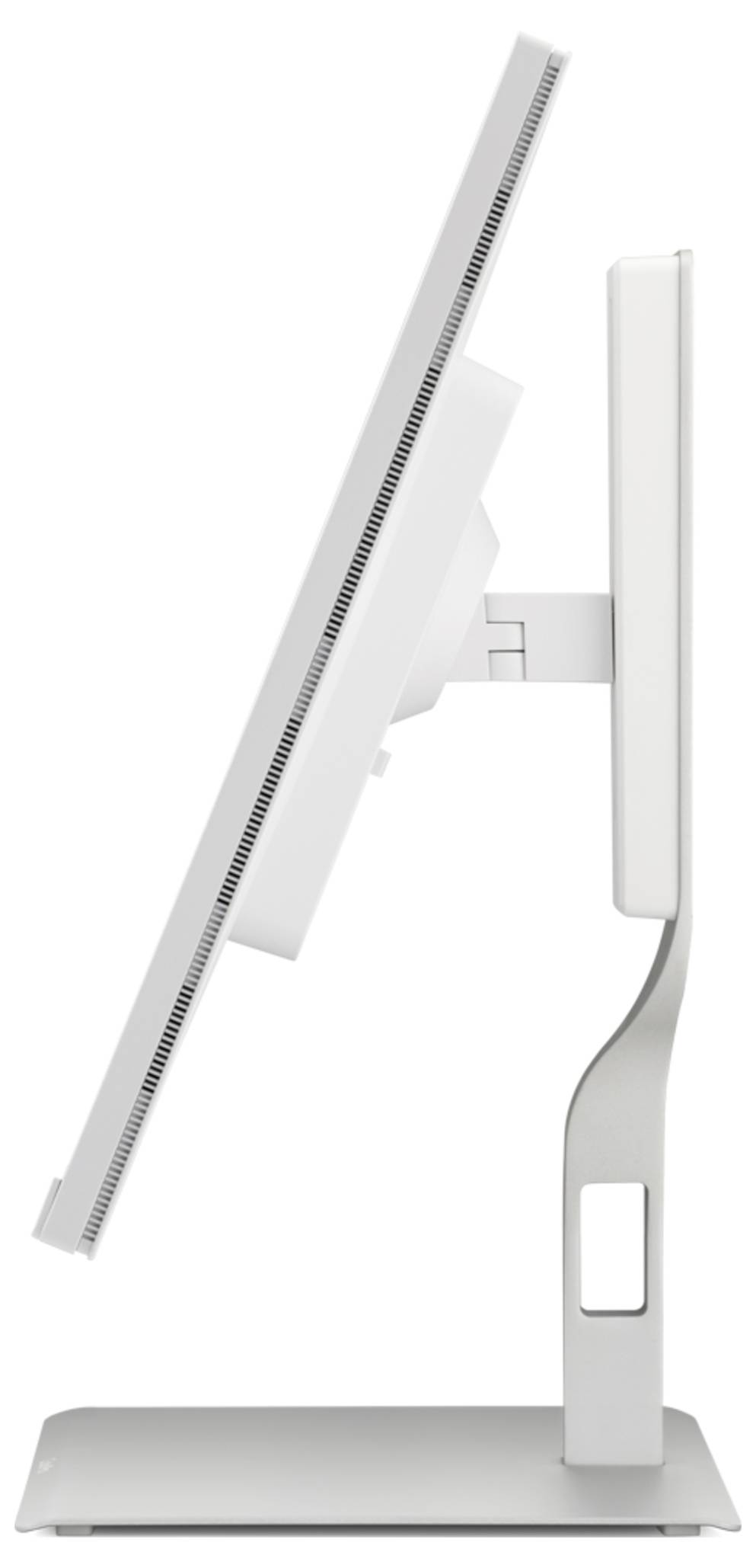 Seitenansicht eines schlanken All-in-One-Desktop-Computers auf einem Ständer, der den Monitor, das Scharnier und die Basis vor einem weißen Hintergrund zeigt.