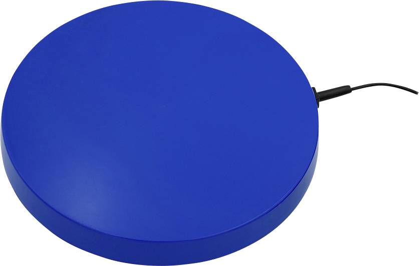 Blaues rundes kabelloses Ladegerät mit einem Kabel, das in die Seite gesteckt ist.