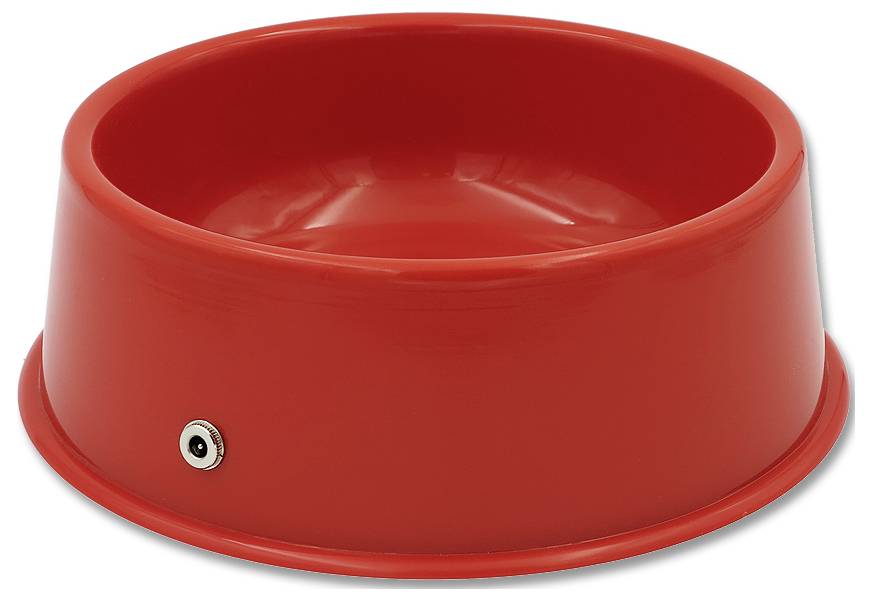 Rote Kunststoff-Futternapf mit niedriger, breiter Form und kleinem Metallventil oder Ventilhahn auf der Seite, gezeigt auf weißem Hintergrund.