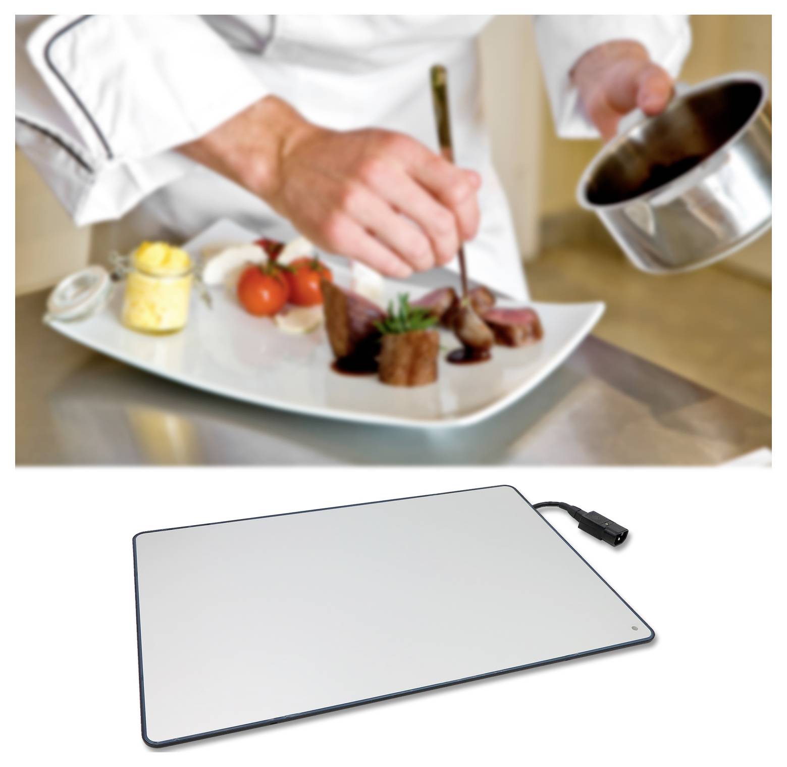 Koch plattiert ein gourmet Gericht mit Sauce auf einer rechteckigen Metallwärm- oder Induktionsfläche mit sichtbarem Stromkabel.