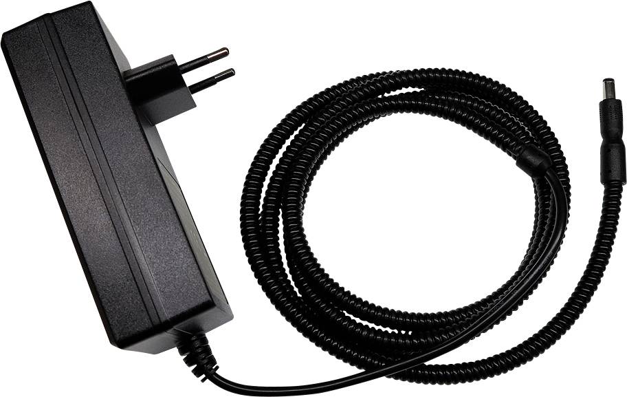 Schwarzer Stromadapter mit zweipoltigem Stecker und gewickeltem Kabel mit Barrellstecker am Ende.