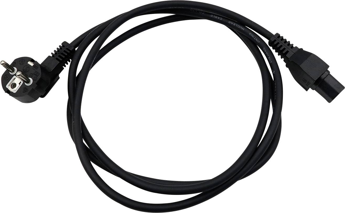 Schwarzes Stromkabel mit europäischem zweipoligem Stecker an einem Ende und einem Anschluss am anderen Ende, aufgerollt auf weißem Hintergrund.