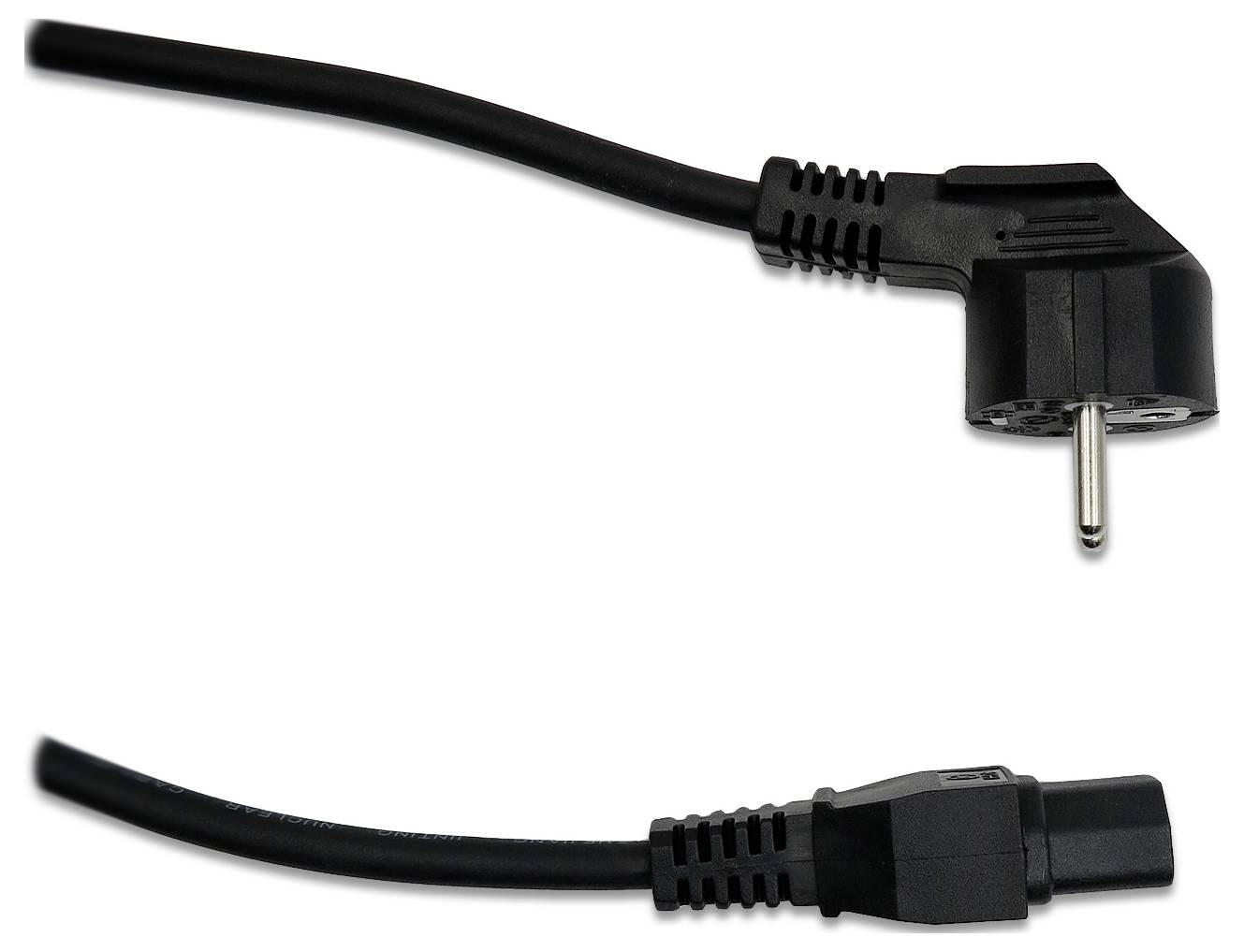 Zwei schwarze Stromkabel auf weißem Hintergrund, eines mit einem europäischen zweipoligen Stecker und das andere mit einem rechteckigen Anschluss.