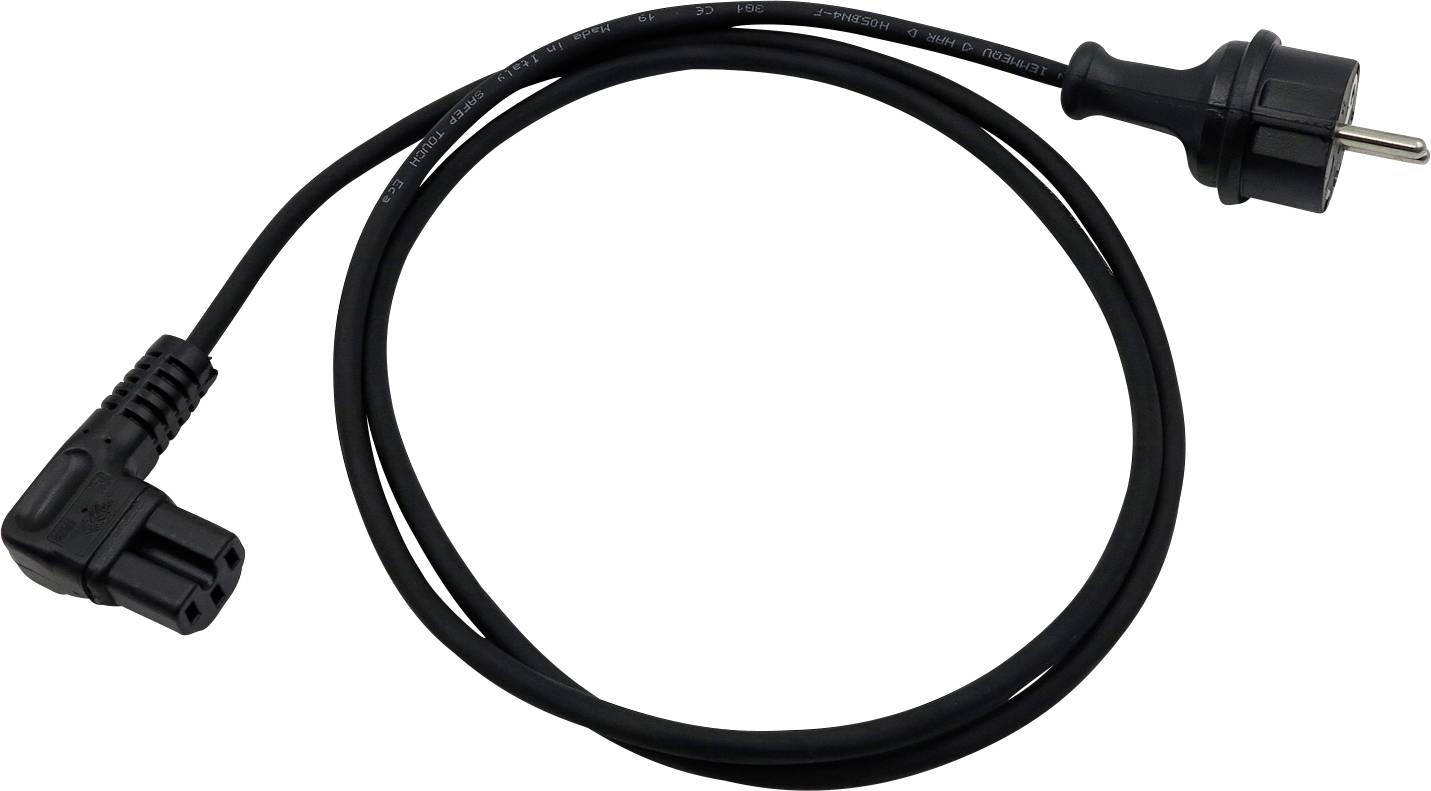 Schwarzes Stromkabel mit einem europäischen zweipoligen Stecker an einem Ende und einem rechtwinkligen Anschluss am anderen Ende.