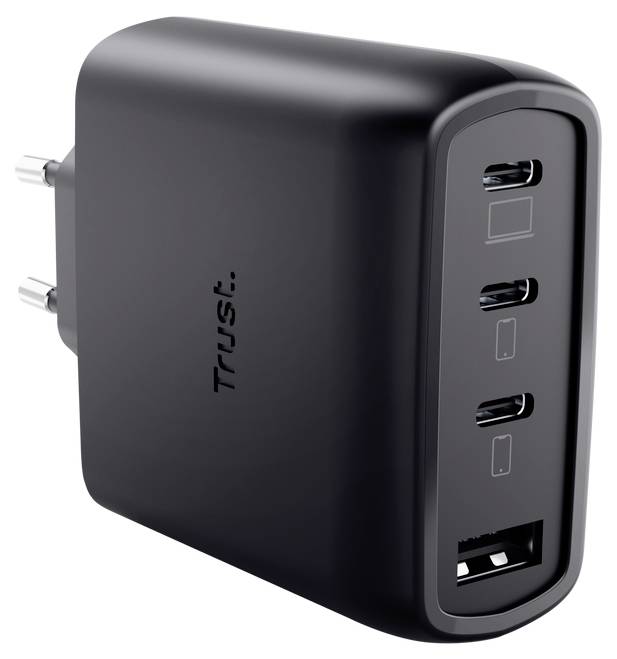 Black Trust Wandladegerät mit zwei AC-Steckern, drei USB-C-Anschlüssen und einem USB-A-Anschluss an der Vorderseite.