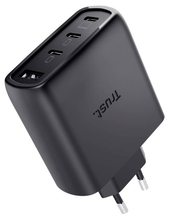 Schwarzes TUSQ Wandladegerät mit zwei Steckerkontakten und mehreren USB-Anschlüssen oben.