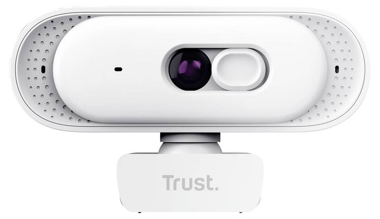 Weiße Trust-Webcam mit zentralem Objektiv und verschiebbarem Datenschutzschutz, frontal auf einem Ständer gezeigt.