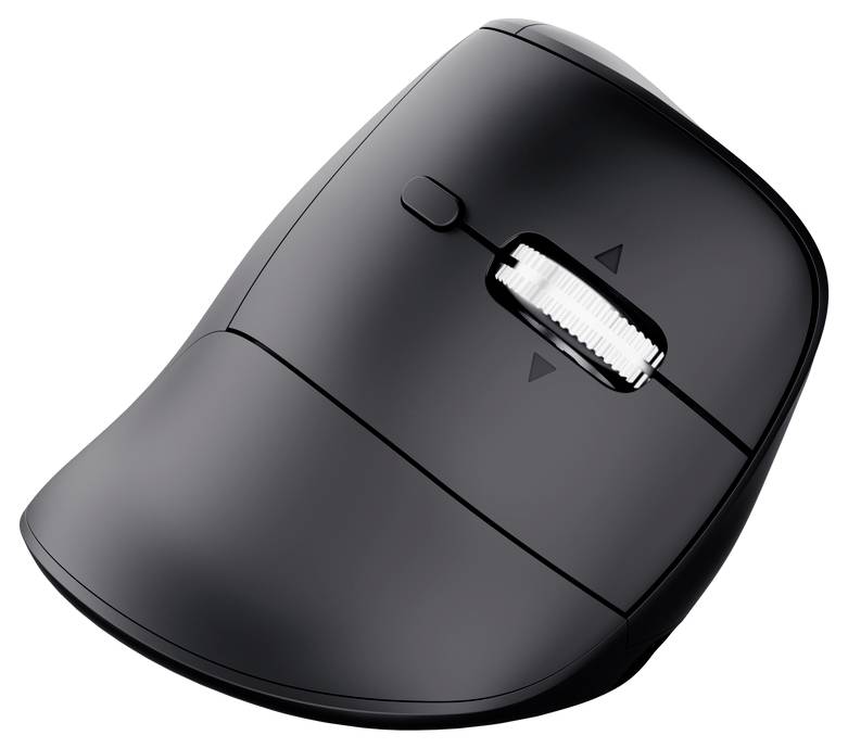 Schwarze ergonomische Computermaus mit zentralem Scrollrad und DPI-Einstellungsknopf oben, dargestellt auf weißem Hintergrund.