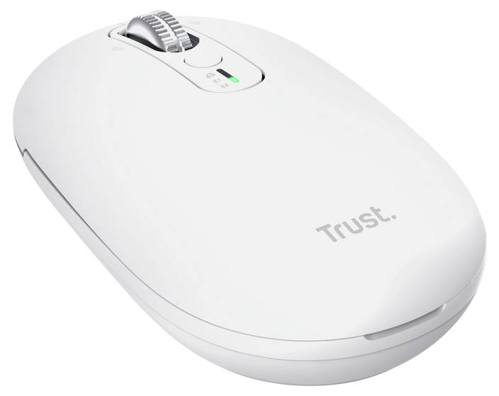 Weiße kabellose Computermaus mit Scrollrad und grünem DPI-Indikator, gezeigt auf einfachem Hintergrund mit Trust-Logo.