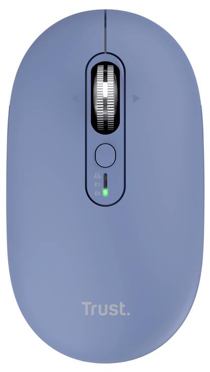 Drahtlose Blue Trust-Maus von oben gezeigt mit Scrollrad, zentraler Taste und beleuchtetem Batterie-/Statusanzeiger.