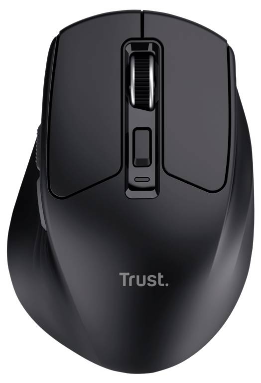 Weiße kabellose Computermaus von Trust mit Scrollrad und Seitentasten, abgebildet auf einfarbigem Hintergrund.