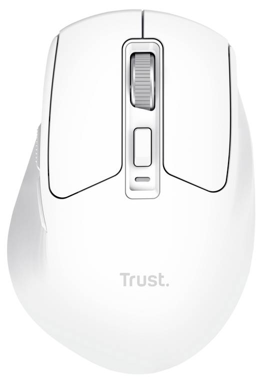 Weiße Trust-Wireless-Maus von oben gezeigt, mit zentralem Scrollrad und zwei Tasten.