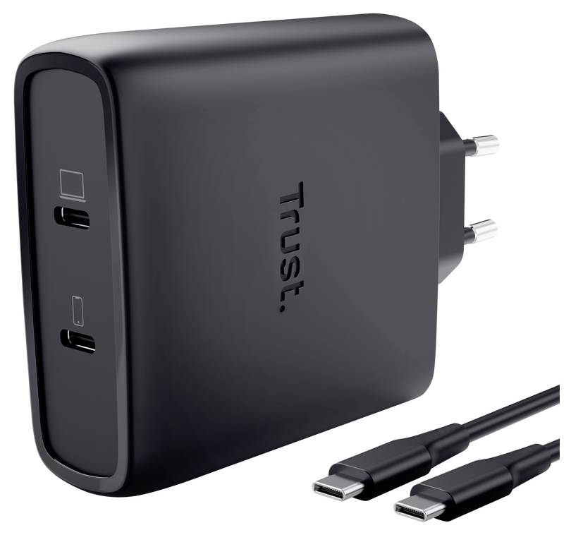 Black Trust USB-Wandladegerät mit zwei USB-C-Anschlüssen und angebrachten dualen USB-C-Kabeln