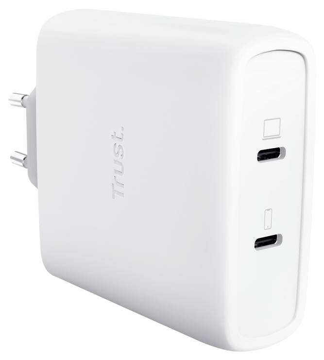 Schwarze Trust-Wireless-Computermaus in schräger Ansicht auf weißem Hintergrund.