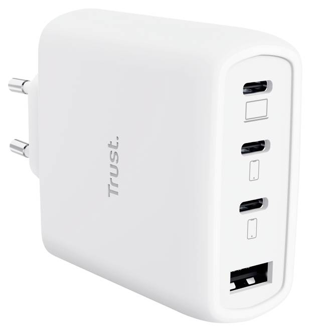 Weißer Trust-Netzteiladapter mit zwei Steckerkontakten, drei USB-Anschlüssen und einem USB-C-Anschluss an der Vorderseite.