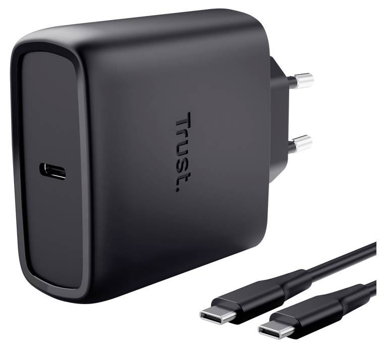 Black Trust USB wall charger with European plug and two USB-C cables