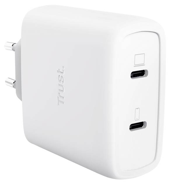 White Trust Wandladegerät mit zwei USB-C-Anschlüssen und europäischen Steckerkontakten.