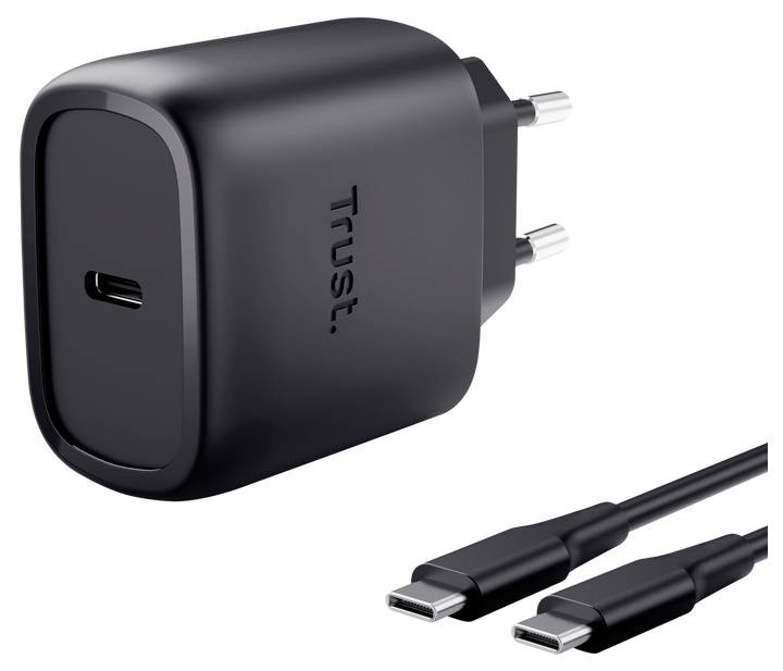 Black Trust Power-Adapter mit USB-C-Anschluss und abnehmbarem USB-C-Kabel auf weißem Hintergrund dargestellt.