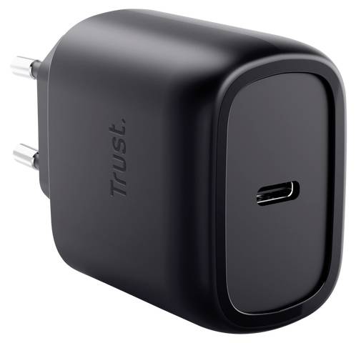 Weißes Trust USB-Wandladegerät mit zwei runden Stiften und einem einzelnen USB-C-Anschluss
