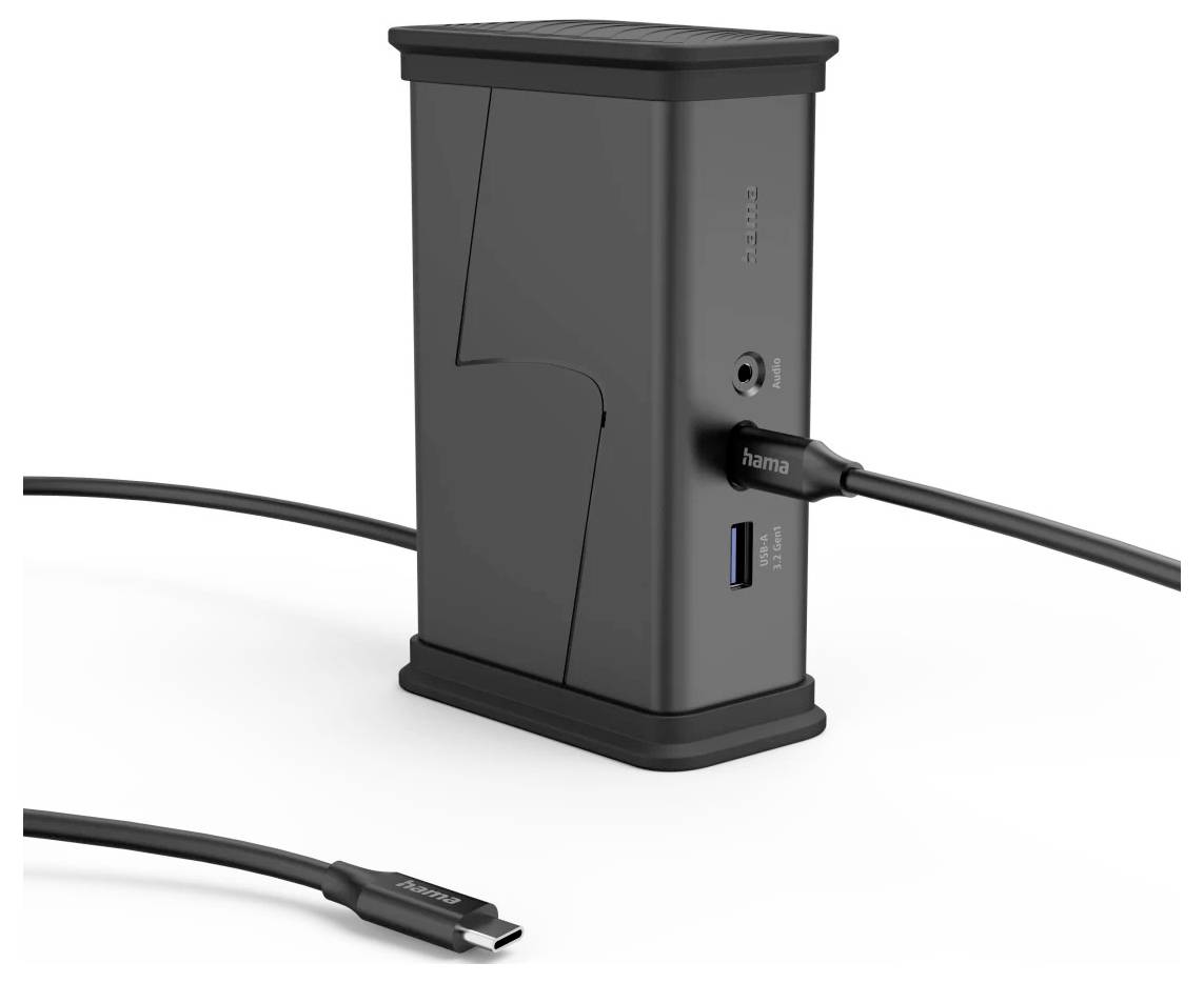 Schwarzer vertikaler Docking-Hub mit verbundenen Kabeln und Anschlüssen, einschließlich HDMI, USB-A und Audiobuchse, vor weißem Hintergrund dargestellt.