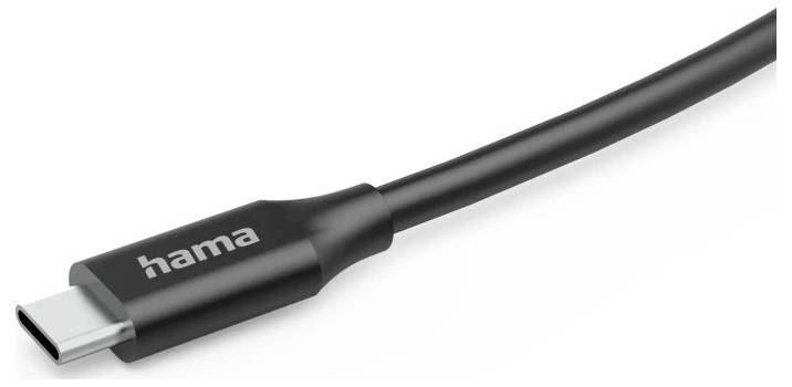 Nahaufnahme eines schwarzen USB-C-Ladekabels mit dem Markennamen „hama