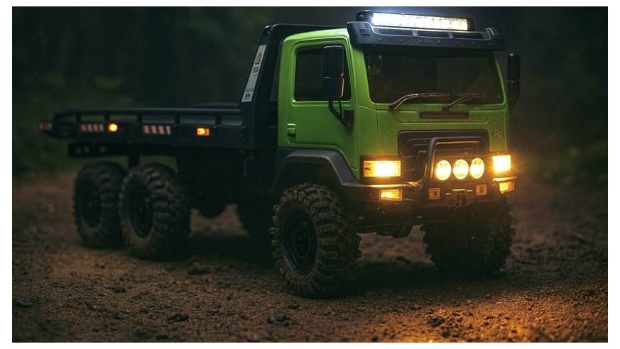 Grüner sechsrädriger Geländewagen mit eingeschalteten Scheinwerfern, der in der Dämmerung auf einem schlammigen Feldweg fährt.
