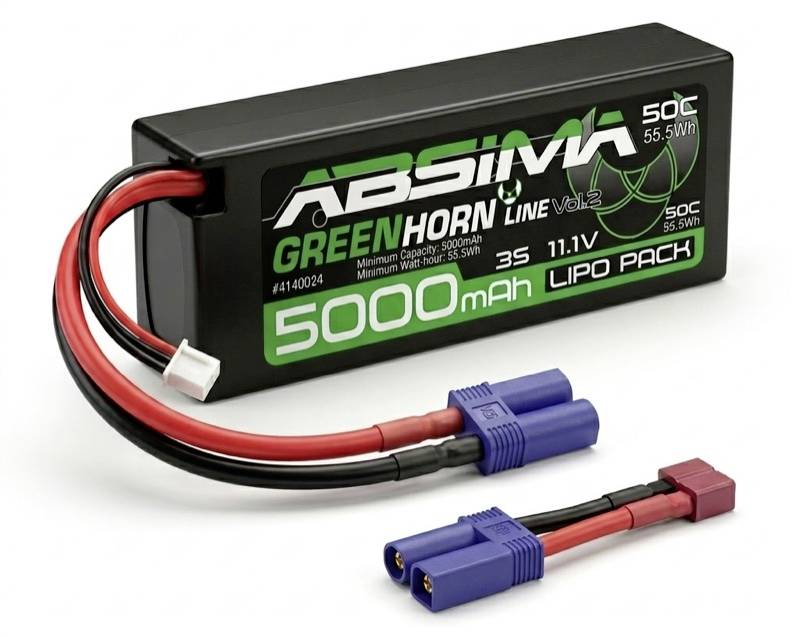 Schwarzes ABSIMA Greenhorn 5000mAh 11.1V LiPo-Akkupack mit roten und schwarzen Leitern und blauen/roten Anschlüssen auf weißem Hintergrund