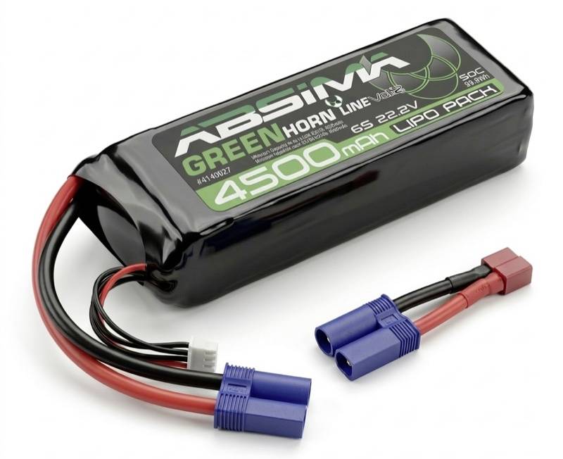 Schwarzes ABSIMA Greenhorn 4500mAh LiPo-Akkupack mit roten und schwarzen Leitungen und blauen Steckverbindern auf weißem Hintergrund.