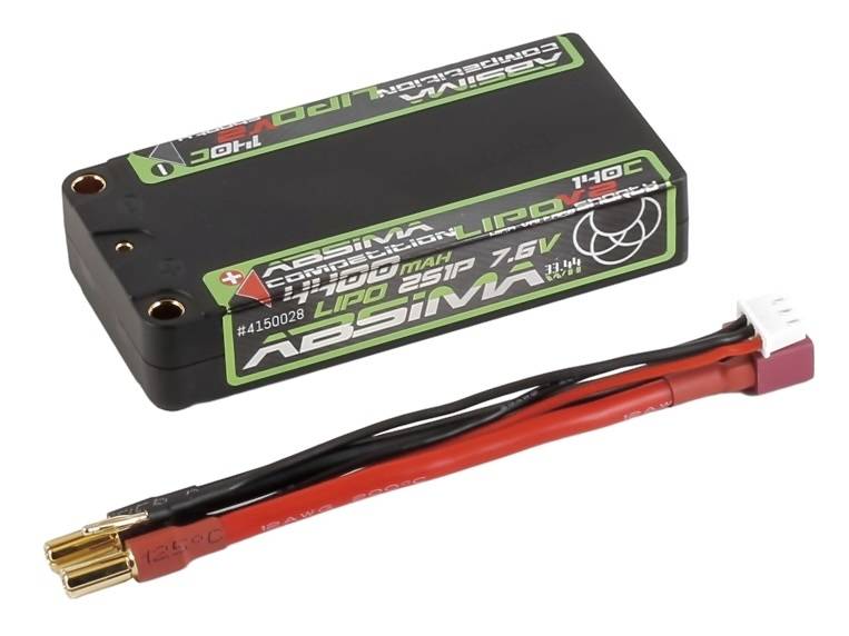 Kompakte schwarz-grüne 7,6V 1400mAh Lithium-Polymer-Batterie mit angebrachtem rotem und schwarzem Stromkabel und Stecker.