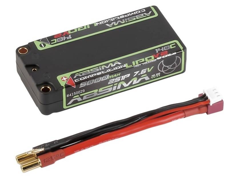 Schwarzes rechteckiges 7,6V LiPo-Batteriepaket mit rotem und schwarzem Anschluss und weißem Stecker, gezeigt auf weißem Hintergrund.