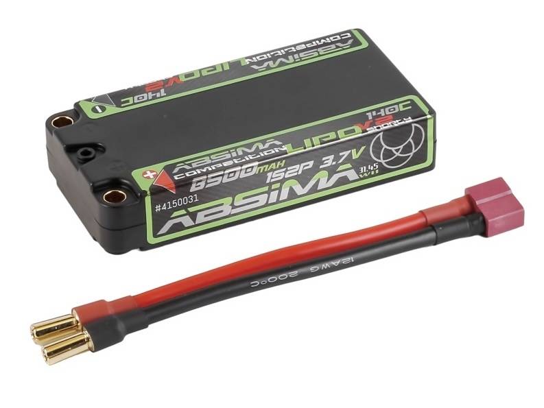 Schwarzer 6500mAh 3.7V LiPo-Akku mit rotem und schwarzem Adapterkabel auf weißem Hintergrund.