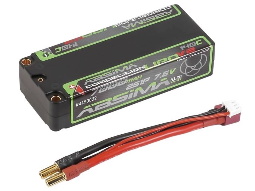 Schwarze und grüne 7,6V ABSIMA Competition LiPo-Batterie mit roten und schwarzen Stromverbindungsleitungen.
