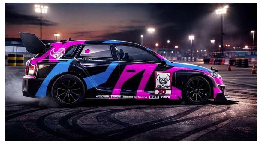 Modifiziertes Rennfahrzeug driftet auf einer Rennstrecke bei Einbruch der Dämmerung, bedeckt mit leuchtend pinken und blauen Sponsor-Grafiken, mit Rauch und Flutlichtanlagen im Hintergrund.