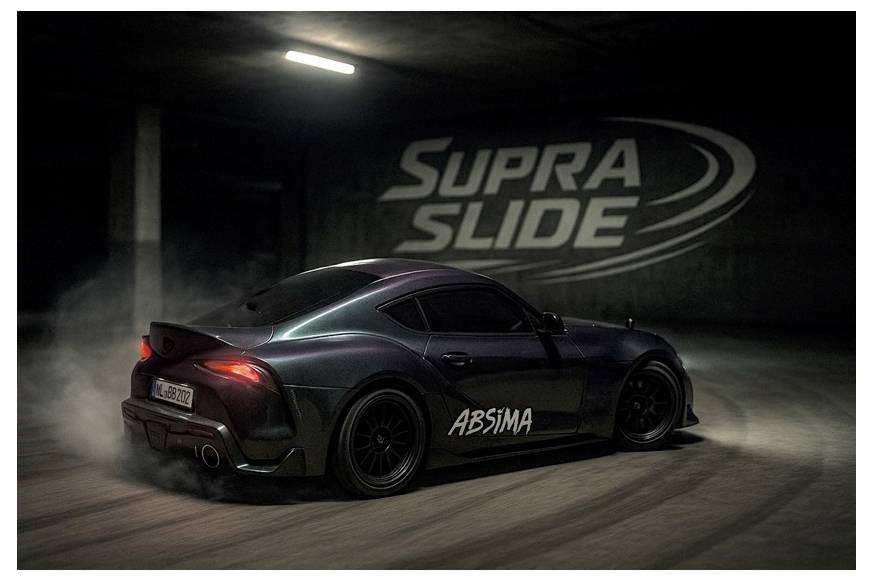 Schwarzer Sportwagen, der durch einen dunklen Tunnel driftet, mit „SUPRA SLIDE