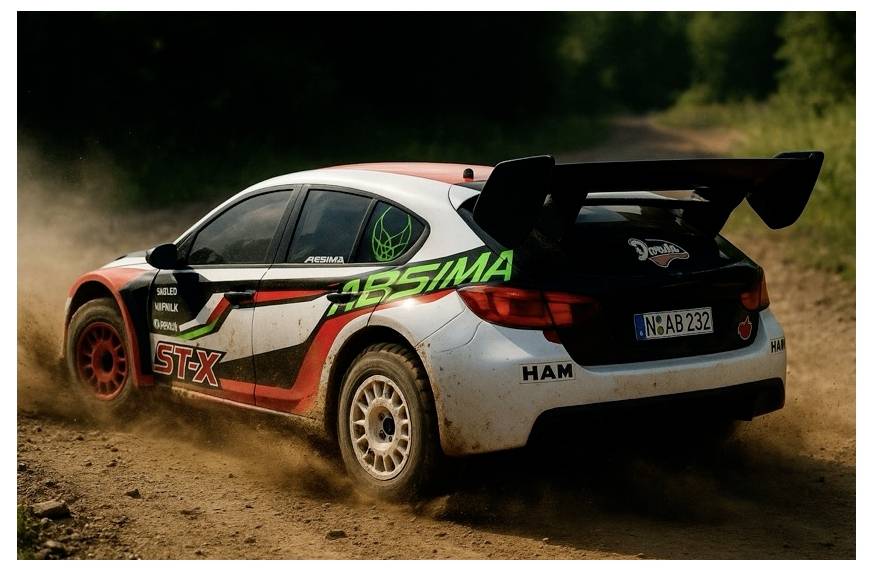 Rallyeauto, das mit hoher Geschwindigkeit auf einer Schotterstraße fährt und Staub aufwirbelt, mit dem Nummernschild N-AB 232 und grünem „ABSIMA