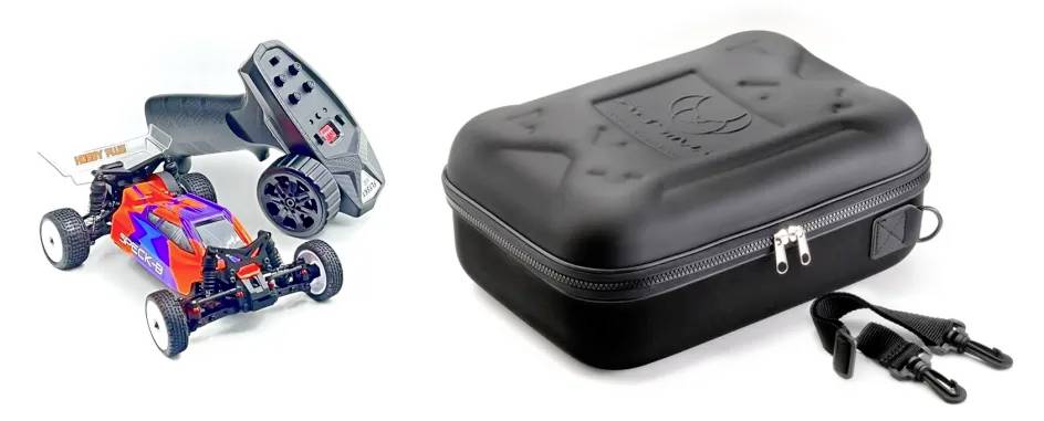 Toy RC car and controller beside a black zippered carrying case with a charging cable.