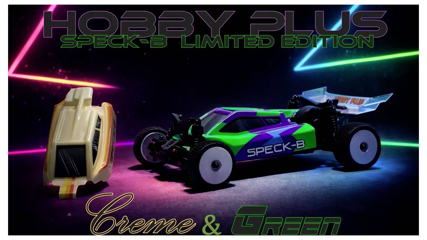 Werbegrafik für das 'HOBBY PLUS' 'SPECK-B LIMITED EDITION' RC-Buggy, das beige und grüne Versionen mit dem Slogan 'Creme & Grün' zeigt.
