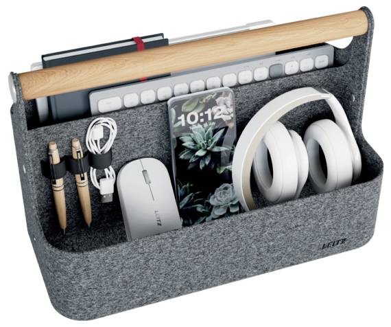 Filz-Schreibtischorganizer zum Tragen von Tablet, Tastatur, Kopfhörern, Telefon, Maus, Stiften und Ladekabeln mit Holzgriff oben.
