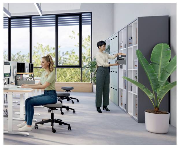 Helles Büro mit zwei Frauen bei der Arbeit: eine sitzt am Computer, die andere räumt Gegenstände in Regale neben einer großen Topfpflanze ein.