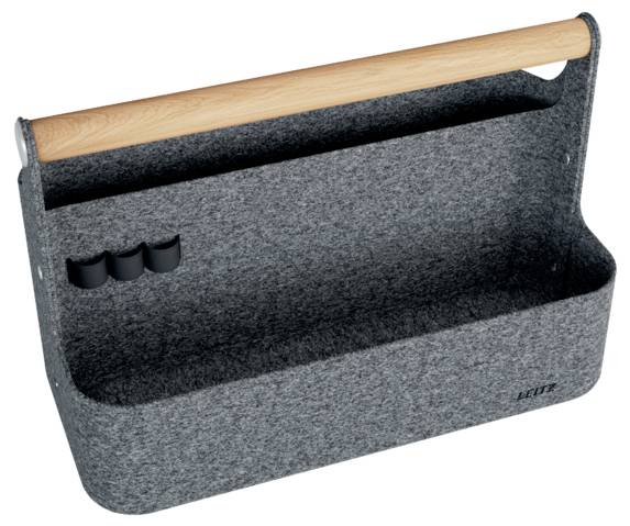 Graue Filz-Aufbewahrungsbox mit Holzgriff und drei kleinen Seitenbechern, auf weißem Hintergrund dargestellt.