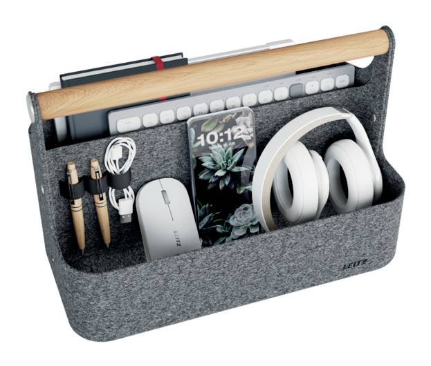 Filz-Schreibtischorganizer-Behälter zum Aufbewahren von Stiften, Ladekabel, kabellose Maus, Telefon, Kopfhörer und Tastaturzubehör.
