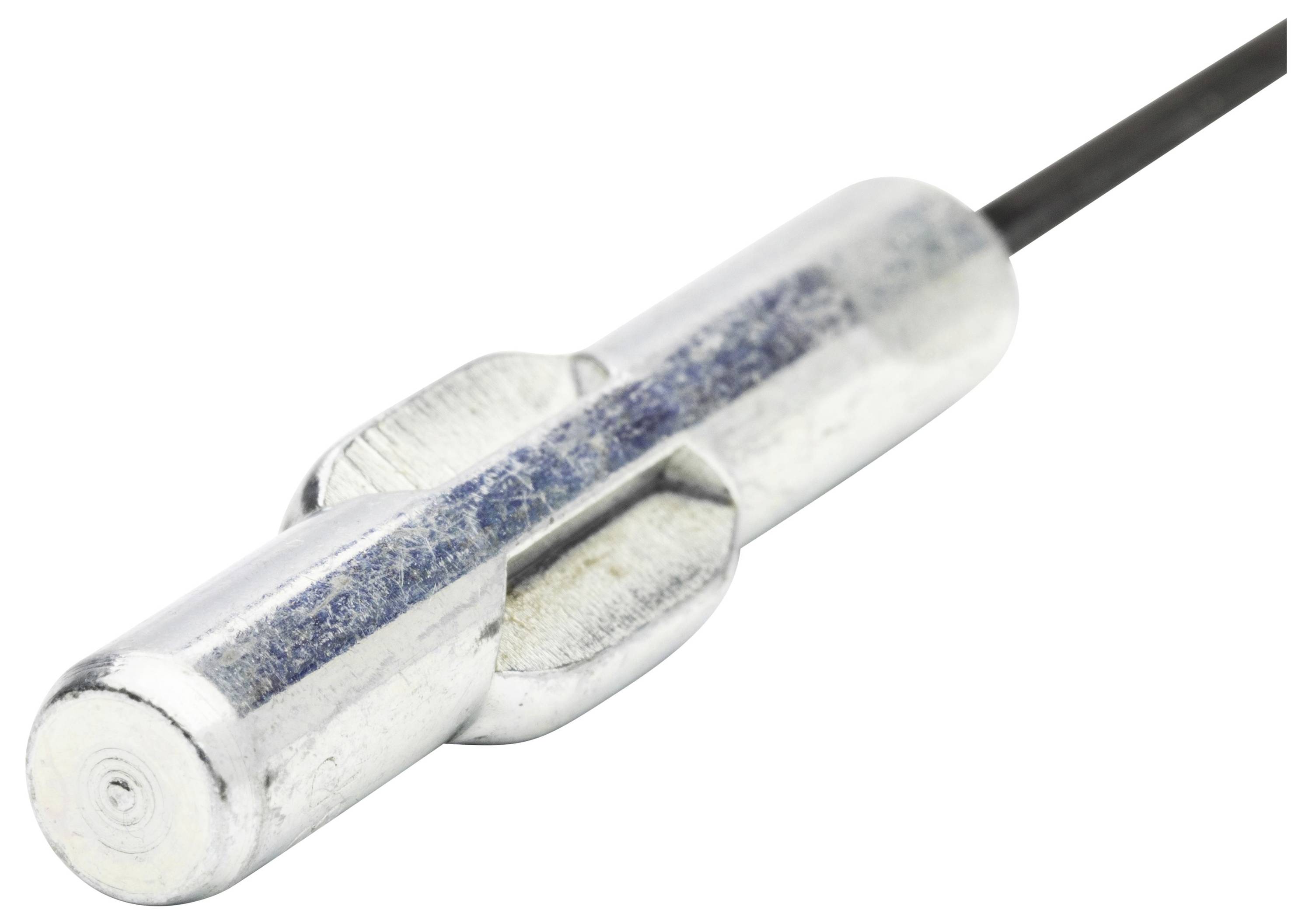 Nahaufnahme eines metallischen zylindrischen Sensors oder einer Sonde mit einem angeschlossenen schwarzen Kabel, auf weißem Hintergrund dargestellt.